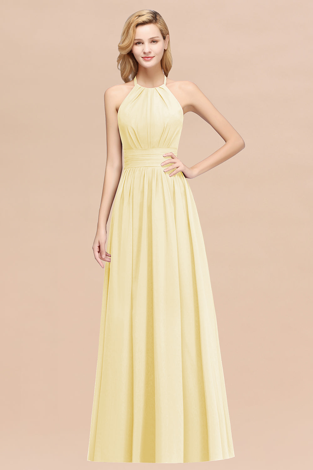 Elegant High-Neck Halter Long Affordable Bridesmaid Dresses with Ruffles-27dress