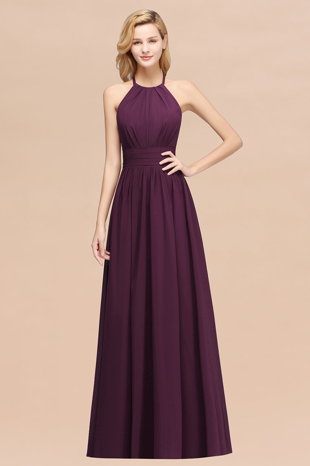 Elegant High-Neck Halter Long Affordable Bridesmaid Dresses with Ruffles-27dress
