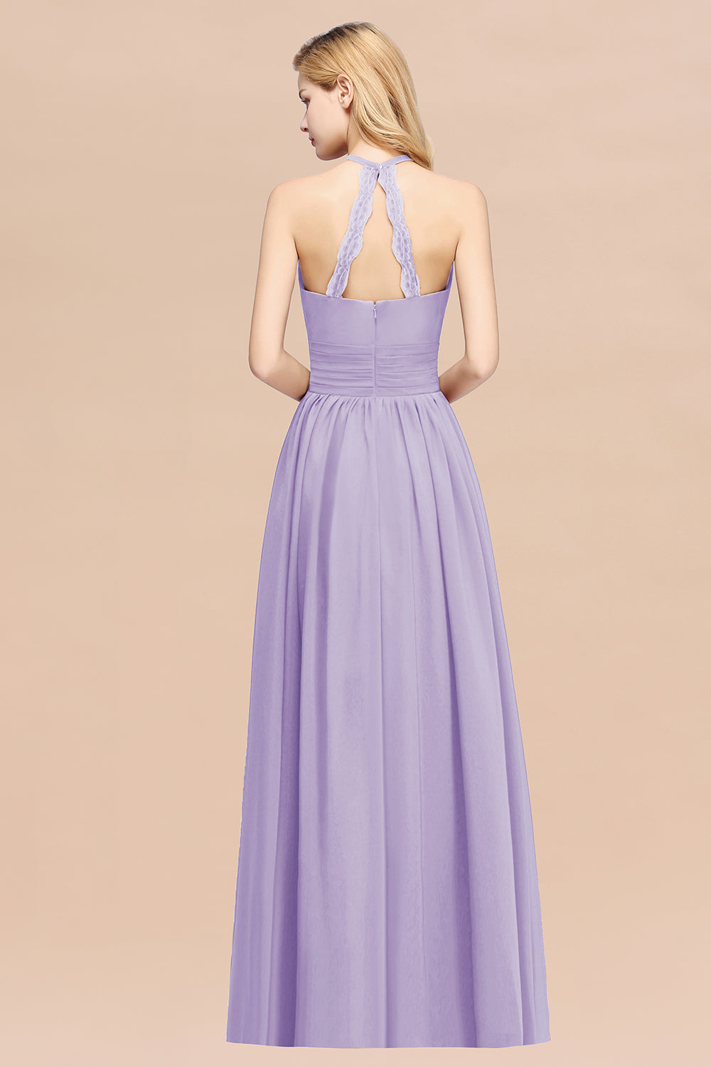 Elegant High-Neck Halter Long Affordable Bridesmaid Dresses with Ruffles-27dress