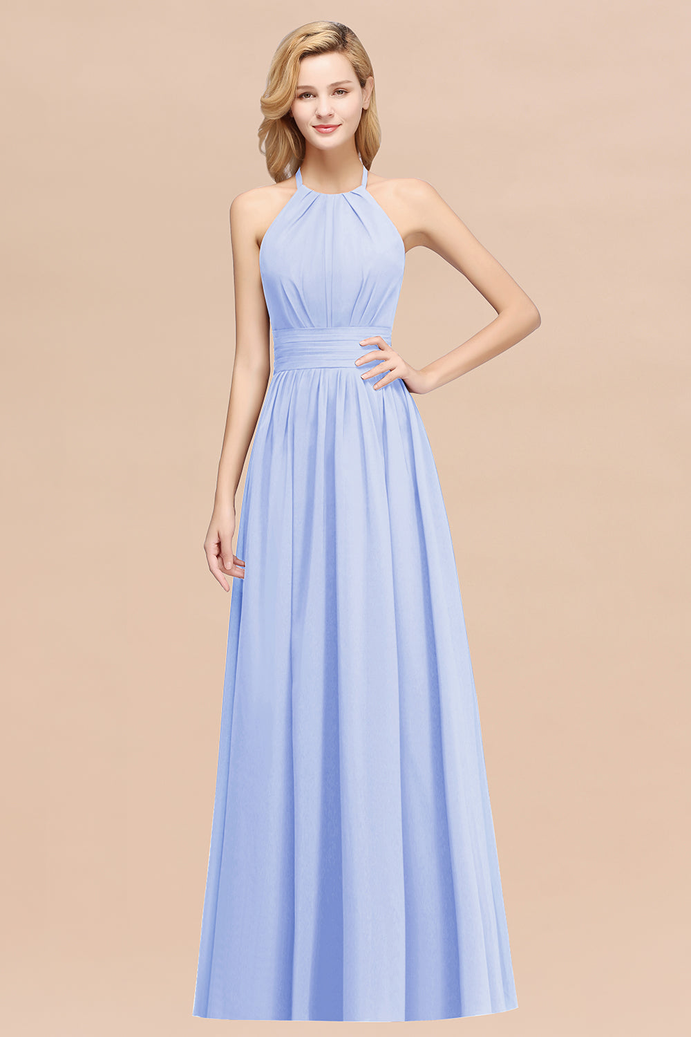 Elegant High-Neck Halter Long Affordable Bridesmaid Dresses with Ruffles-27dress