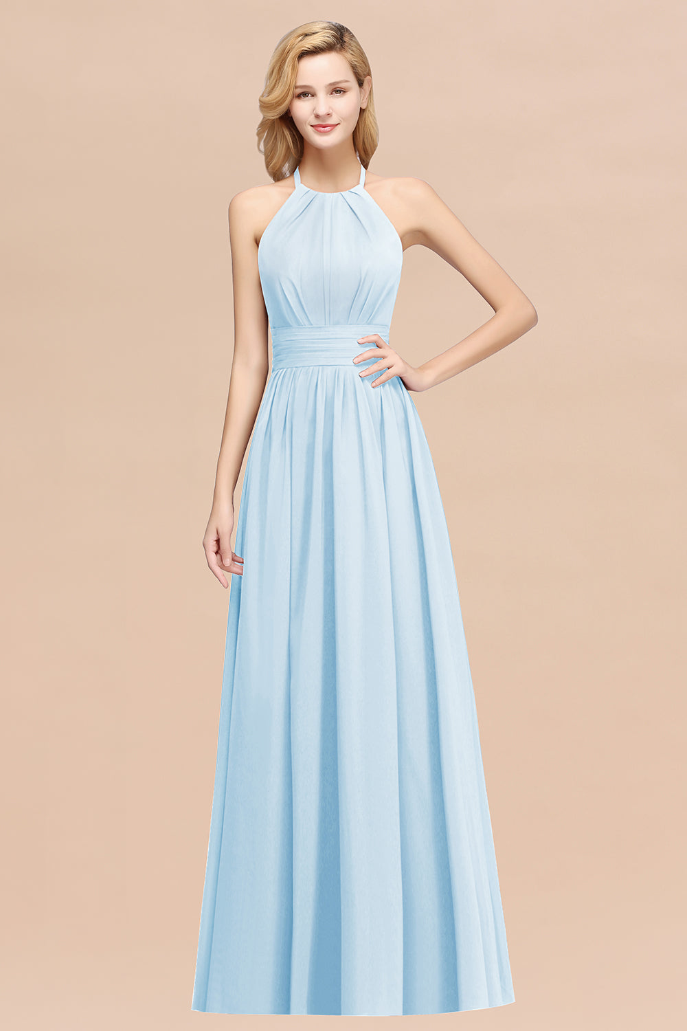 Elegant High-Neck Halter Long Affordable Bridesmaid Dresses with Ruffles-27dress