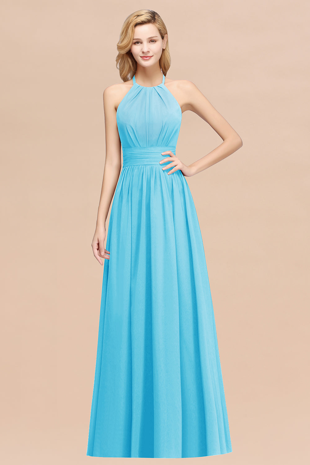Elegant High-Neck Halter Long Affordable Bridesmaid Dresses with Ruffles-27dress