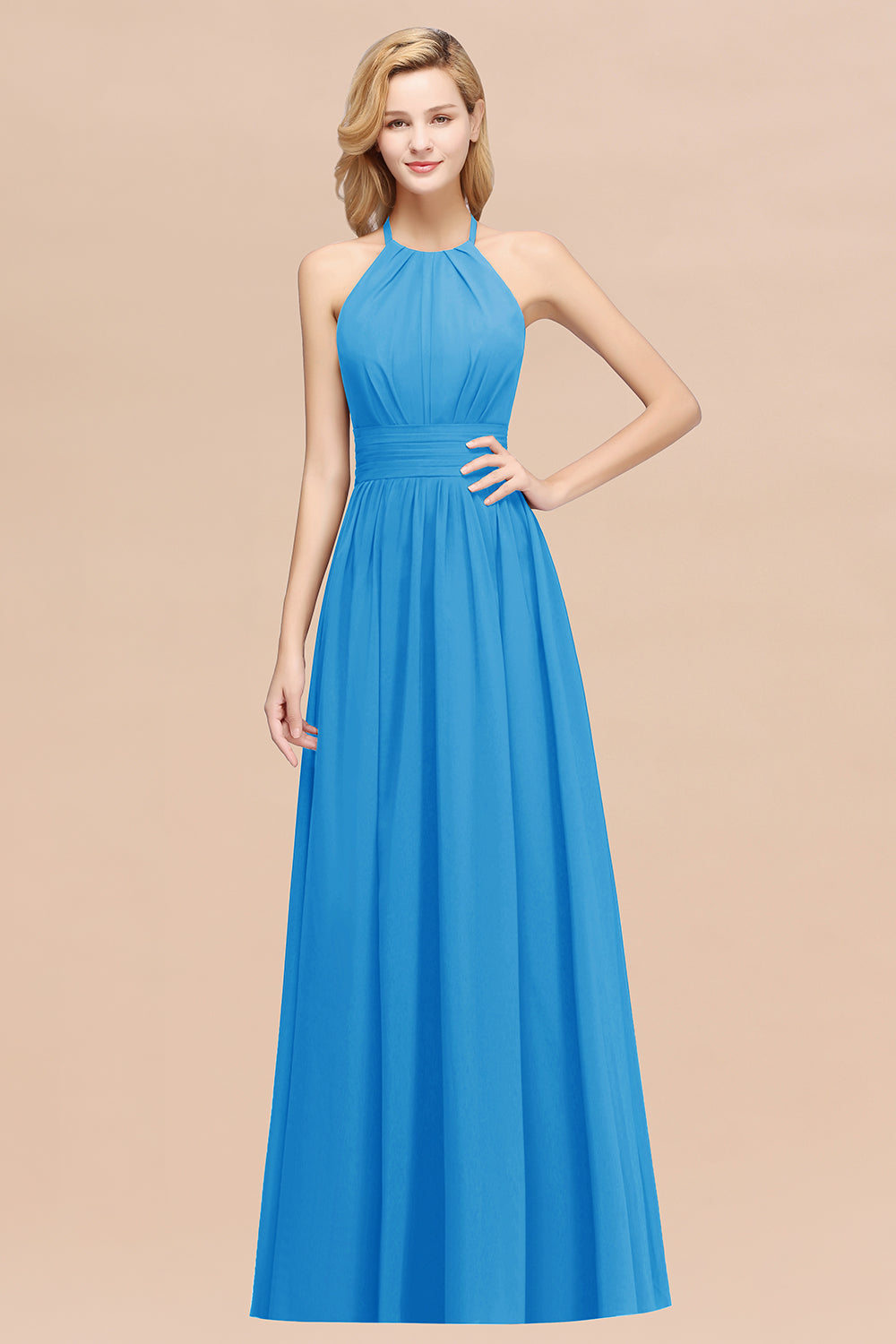 Elegant High-Neck Halter Long Affordable Bridesmaid Dresses with Ruffles-27dress