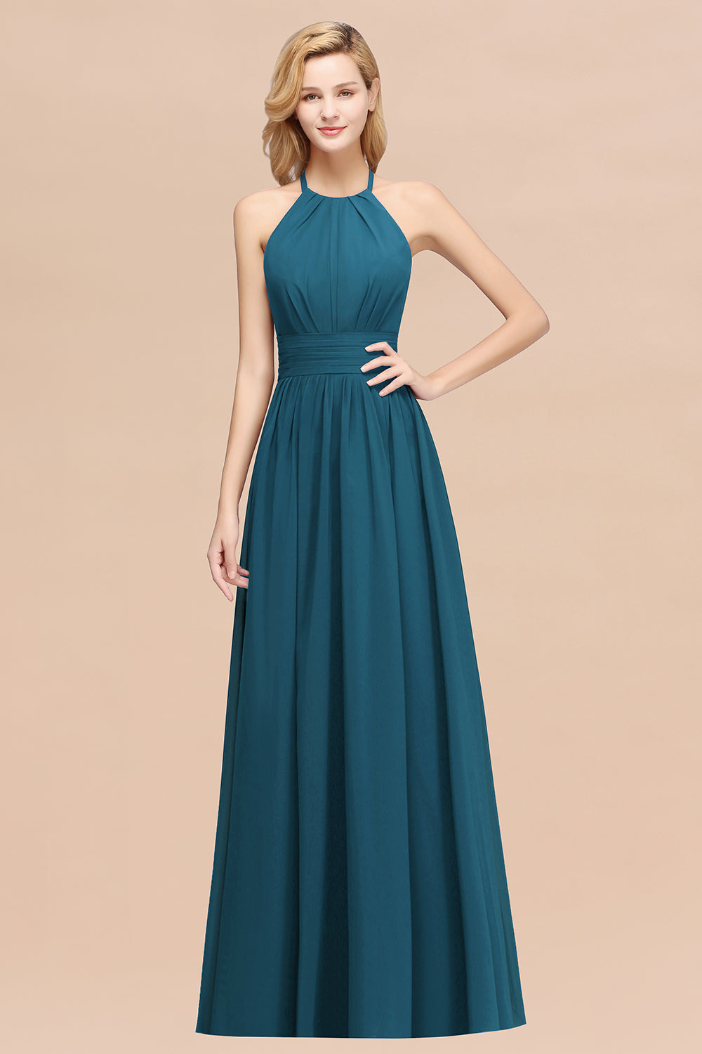 Elegant High-Neck Halter Long Affordable Bridesmaid Dresses with Ruffles-27dress