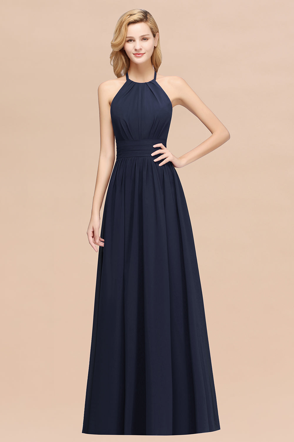 Elegant High-Neck Halter Long Affordable Bridesmaid Dresses with Ruffles-27dress