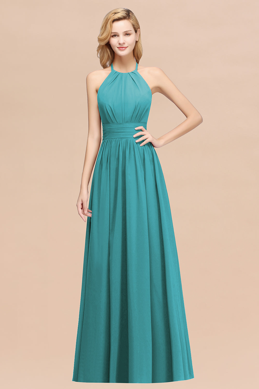 Elegant High-Neck Halter Long Affordable Bridesmaid Dresses with Ruffles-27dress