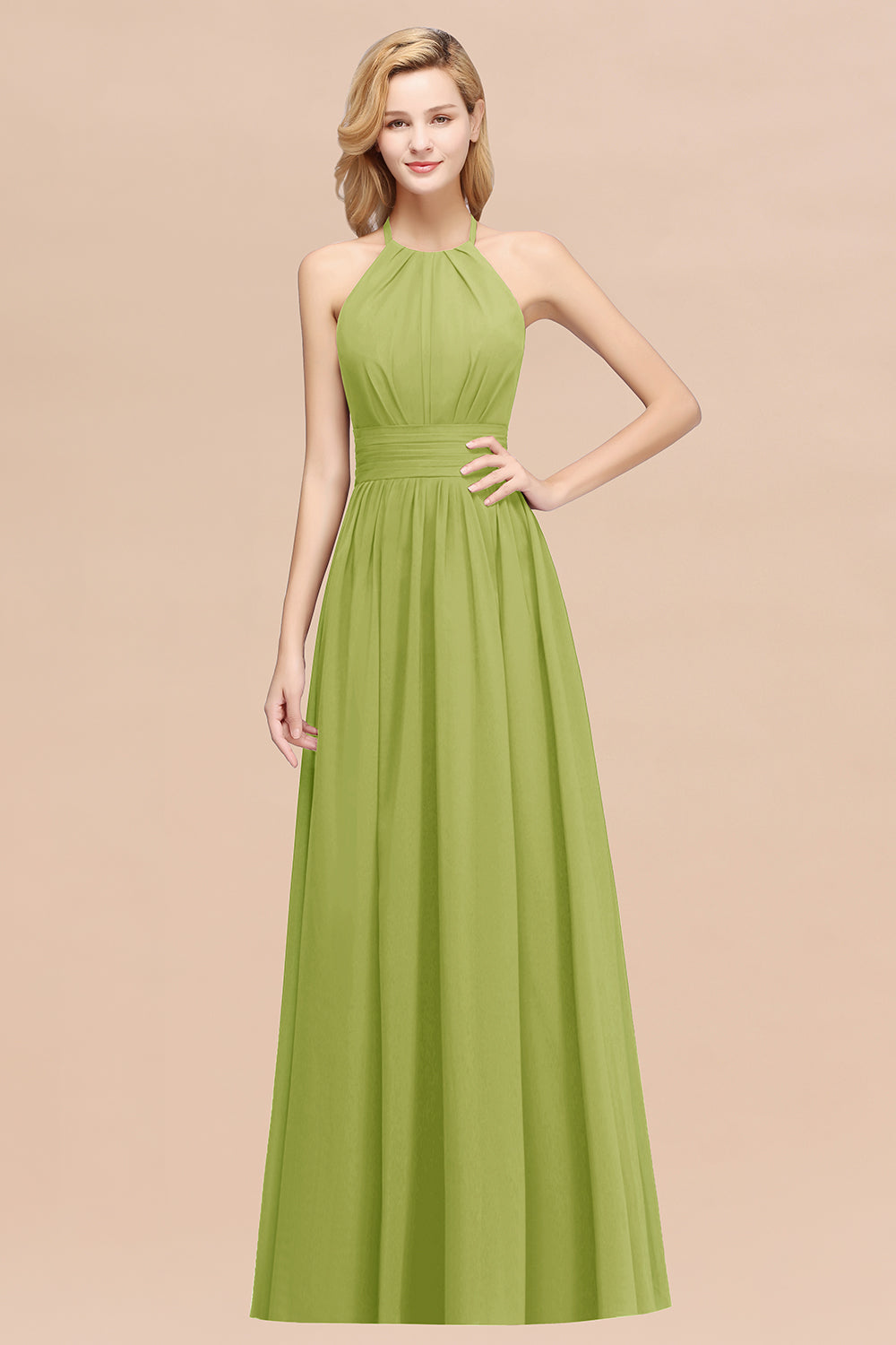 Elegant High-Neck Halter Long Affordable Bridesmaid Dresses with Ruffles-27dress