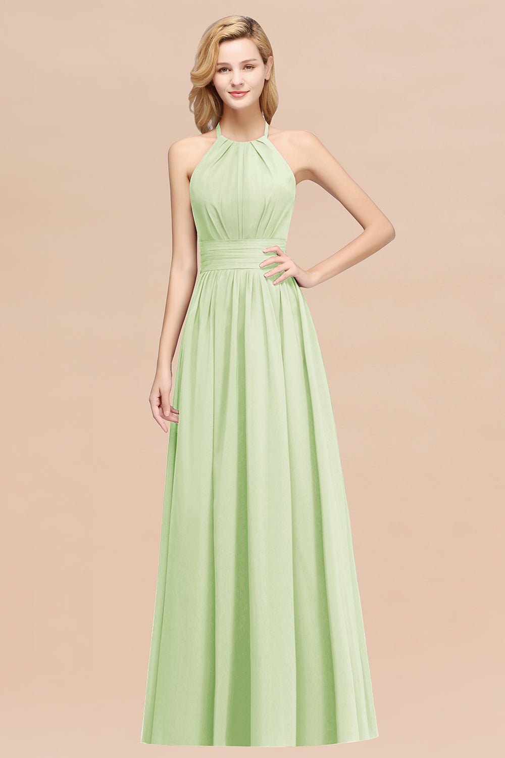 Elegant High-Neck Halter Long Affordable Bridesmaid Dresses with Ruffles-27dress