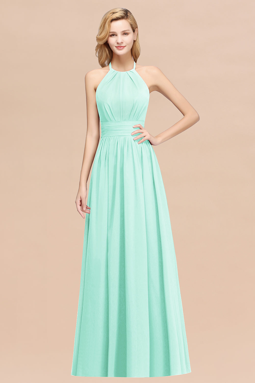 Elegant High-Neck Halter Long Affordable Bridesmaid Dresses with Ruffles-27dress