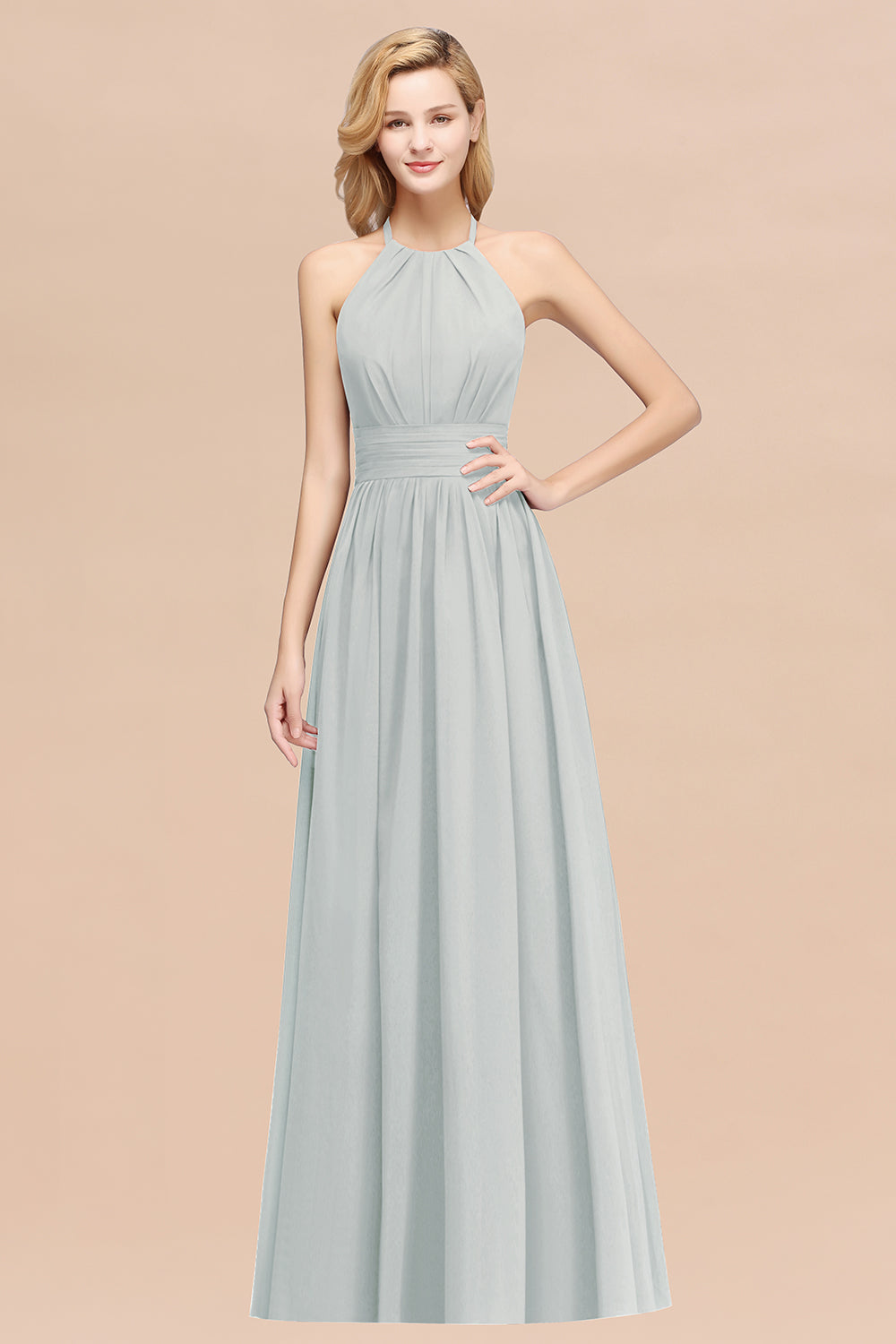 Elegant High-Neck Halter Long Affordable Bridesmaid Dresses with Ruffles-27dress