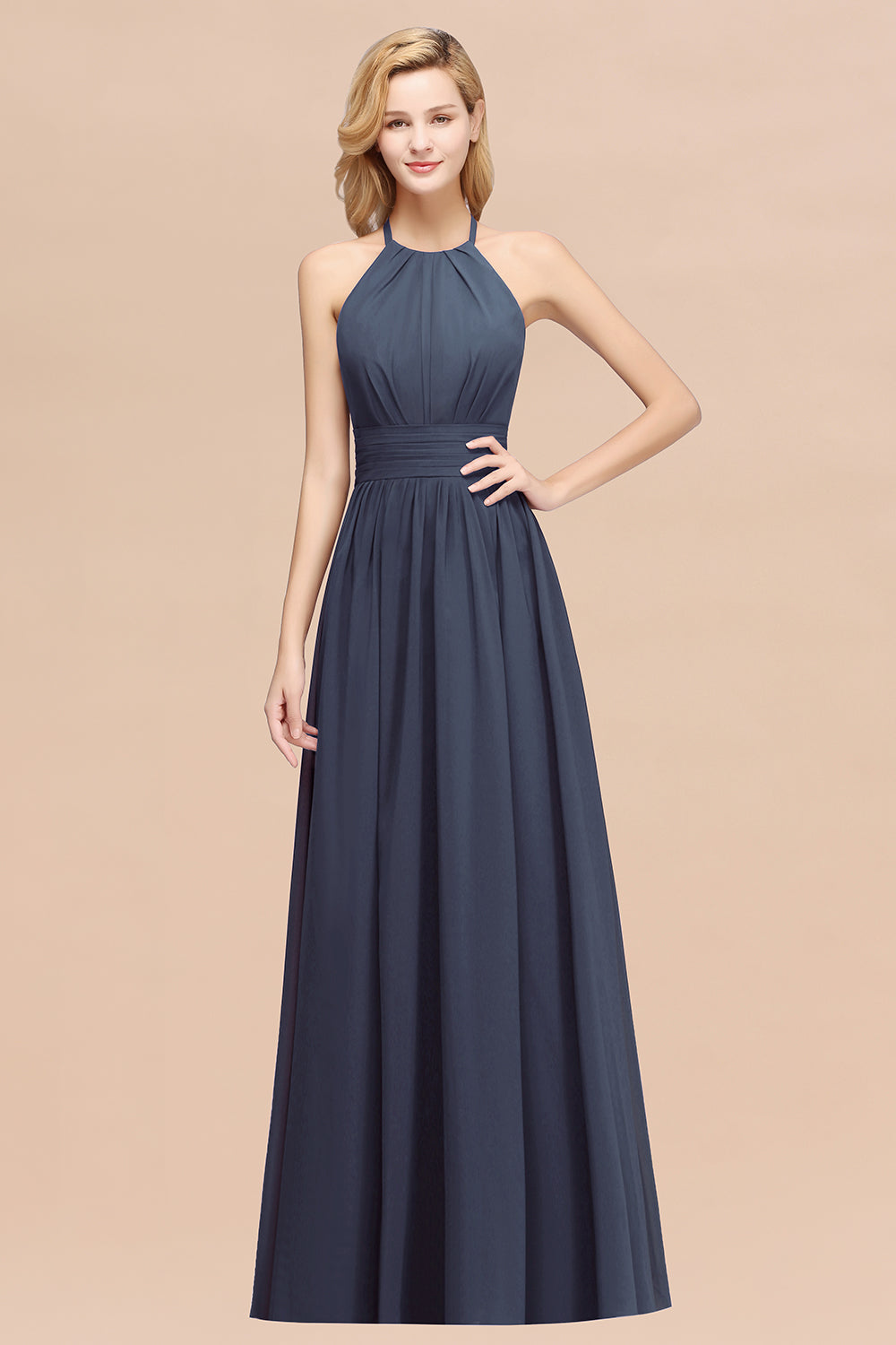 Elegant High-Neck Halter Long Affordable Bridesmaid Dresses with Ruffles-27dress