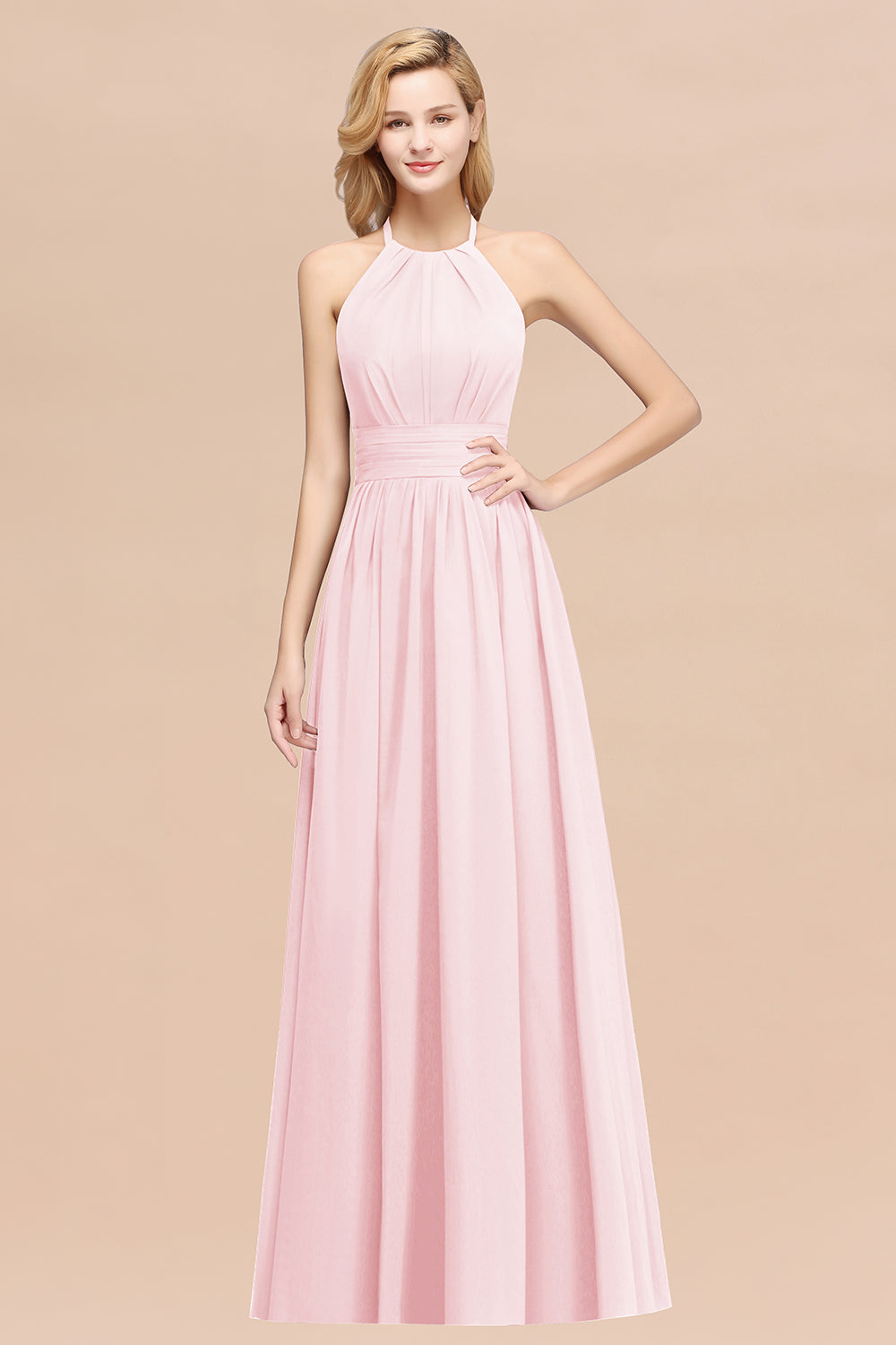 Elegant High-Neck Halter Long Affordable Bridesmaid Dresses with Ruffles-27dress