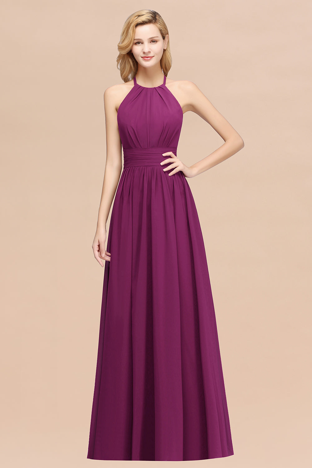 Elegant High-Neck Halter Long Affordable Bridesmaid Dresses with Ruffles-27dress