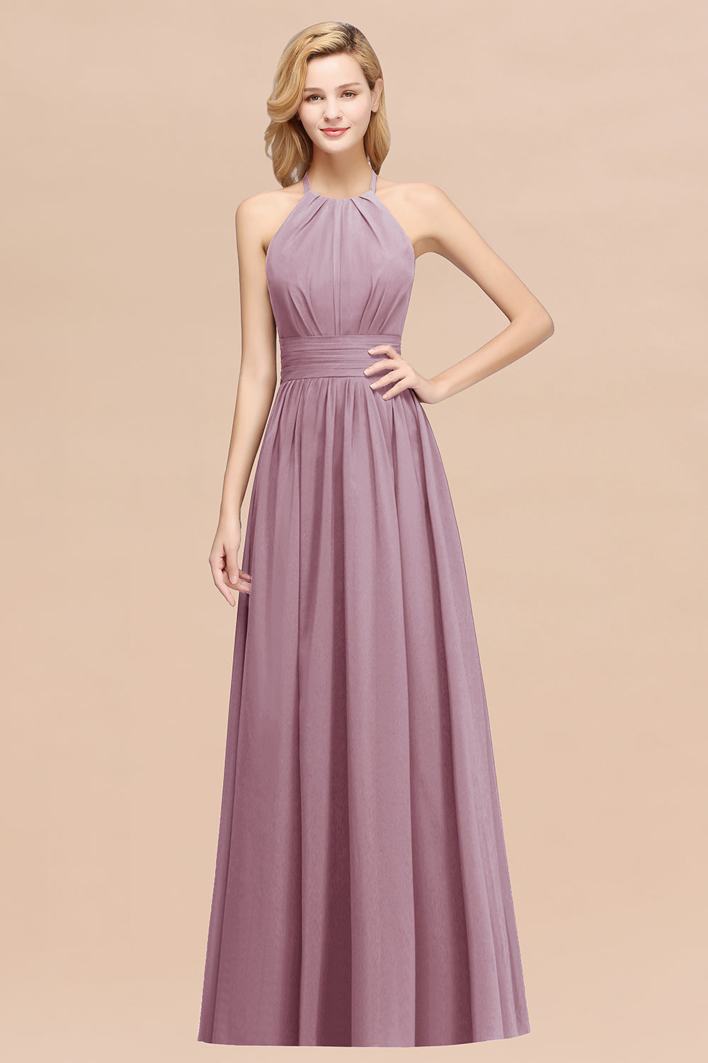 Elegant High-Neck Halter Long Affordable Bridesmaid Dresses with Ruffles-27dress