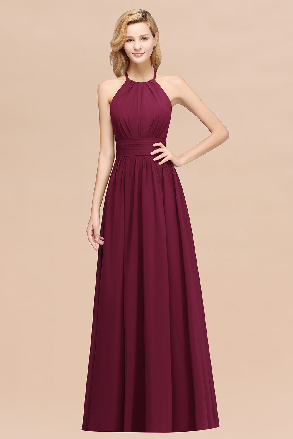 Elegant High-Neck Halter Long Affordable Bridesmaid Dresses with Ruffles-27dress