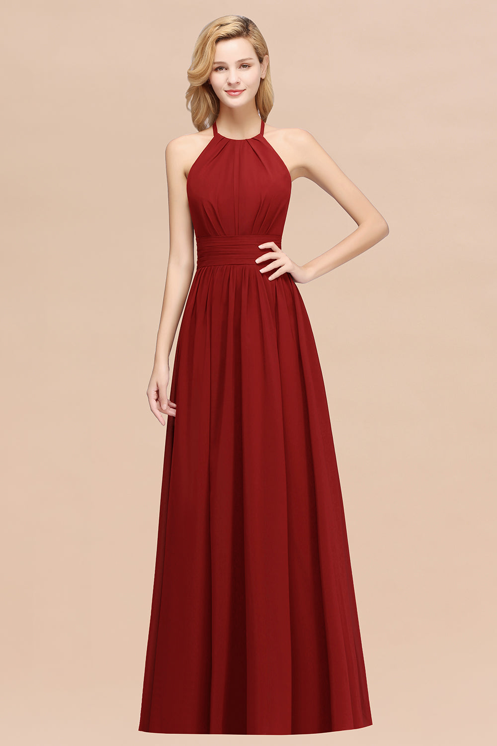 Elegant High-Neck Halter Long Affordable Bridesmaid Dresses with Ruffles-27dress