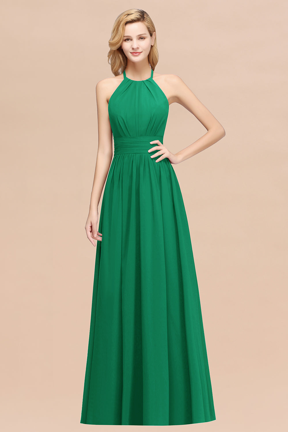 Elegant High-Neck Halter Long Affordable Bridesmaid Dresses with Ruffles-27dress