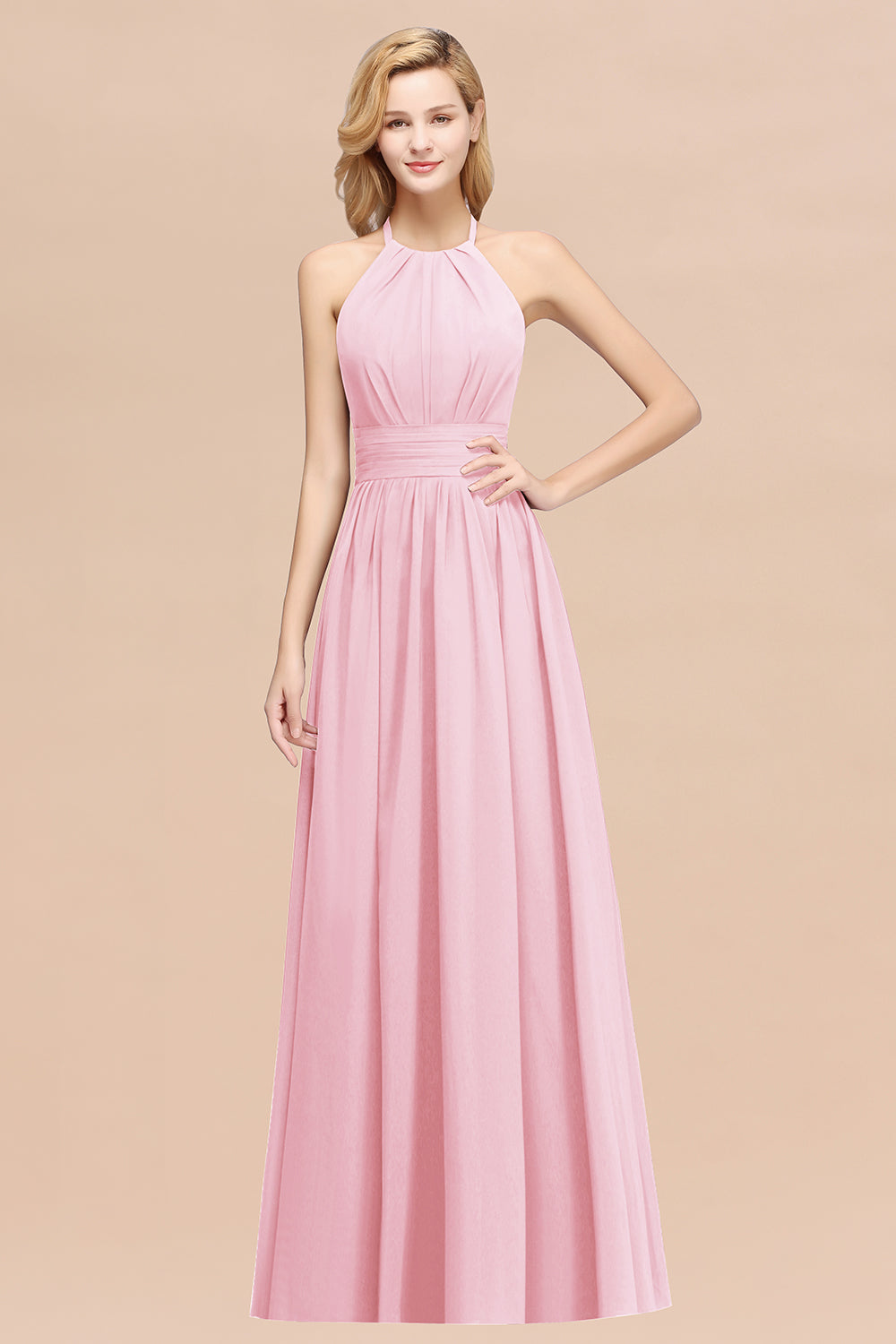Elegant High-Neck Halter Long Affordable Bridesmaid Dresses with Ruffles-27dress