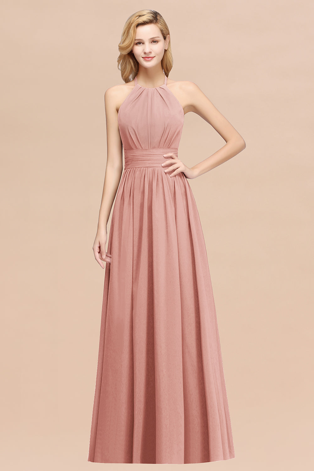 Elegant High-Neck Halter Long Affordable Bridesmaid Dresses with Ruffles-27dress