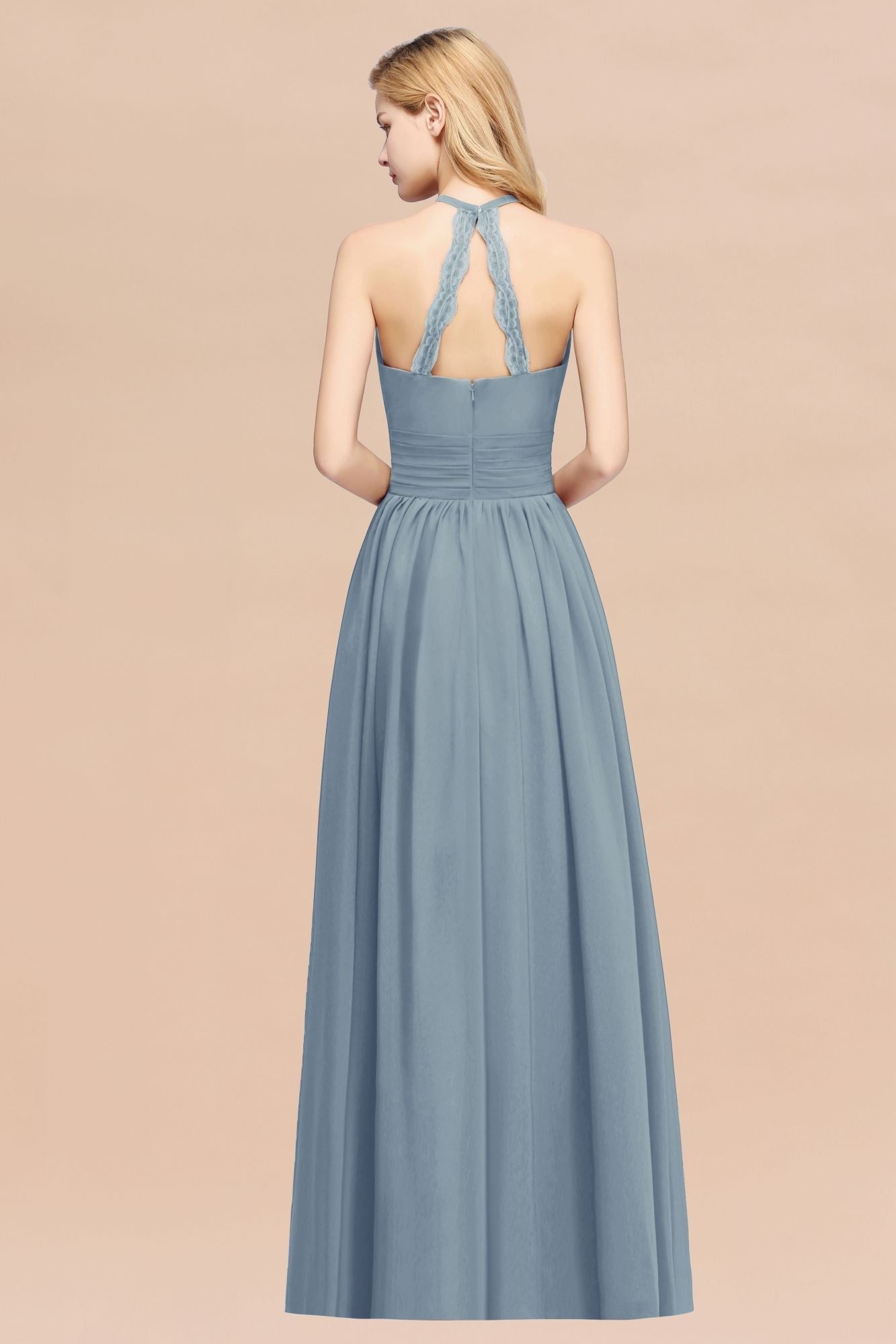 Elegant High-Neck Halter Long Affordable Bridesmaid Dresses with Ruffles-27dress