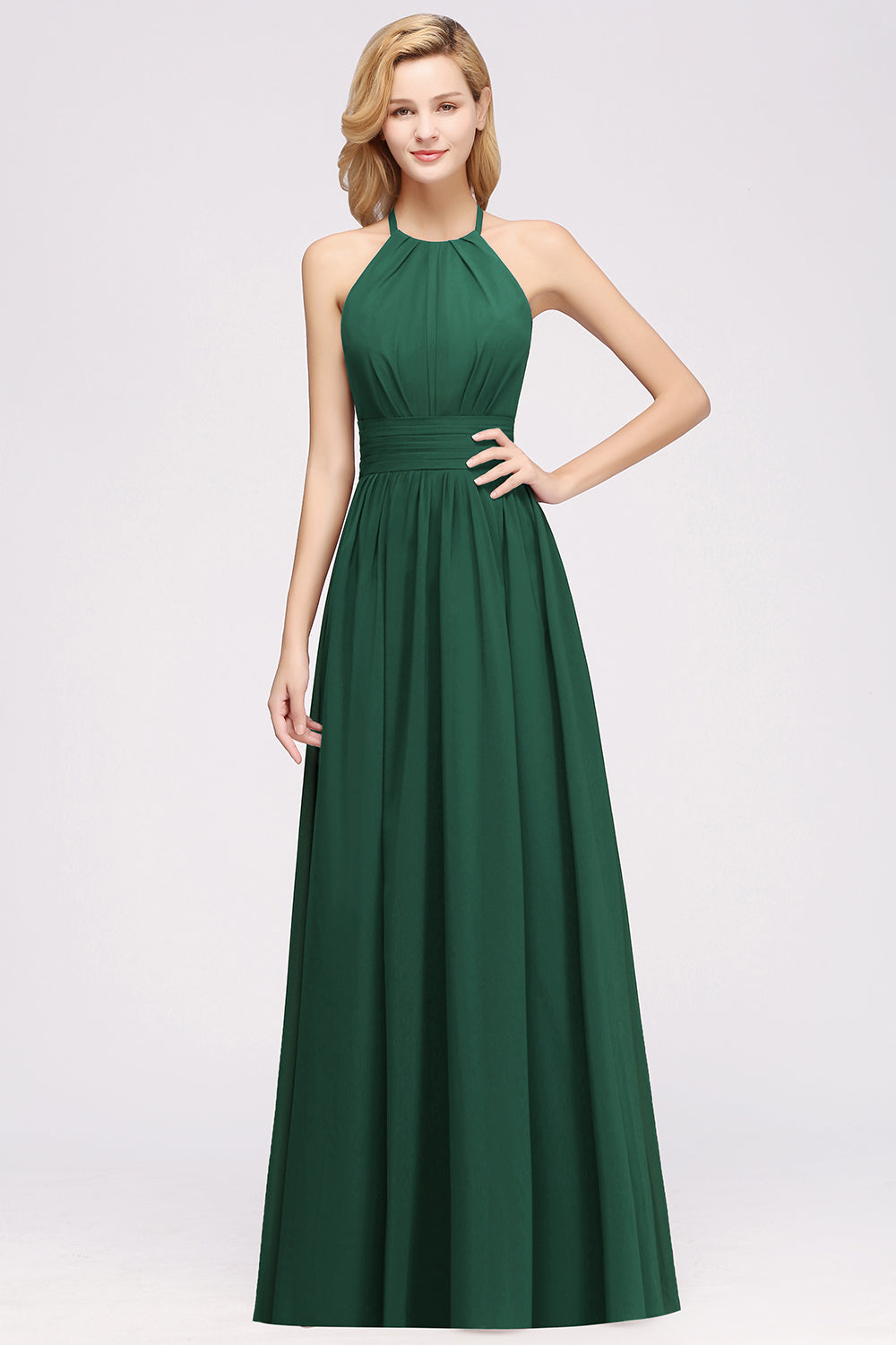 Elegant High-Neck Halter Long Affordable Bridesmaid Dresses with Ruffles-27dress