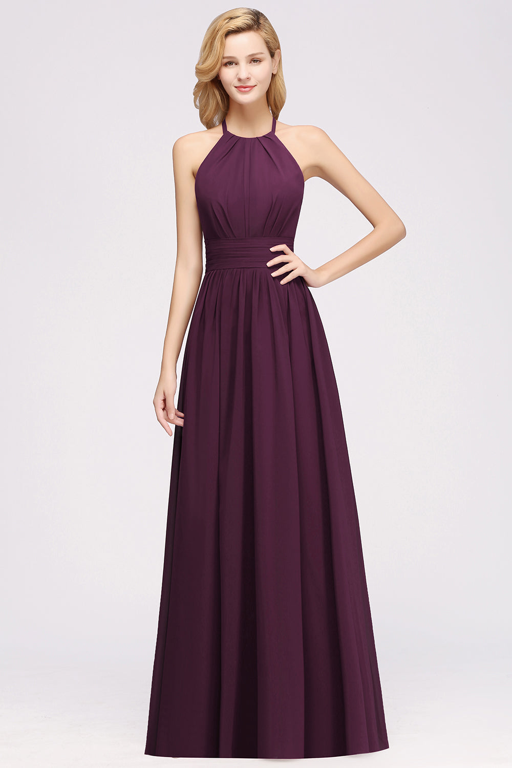 Elegant High-Neck Halter Long Affordable Bridesmaid Dresses with Ruffles-27dress