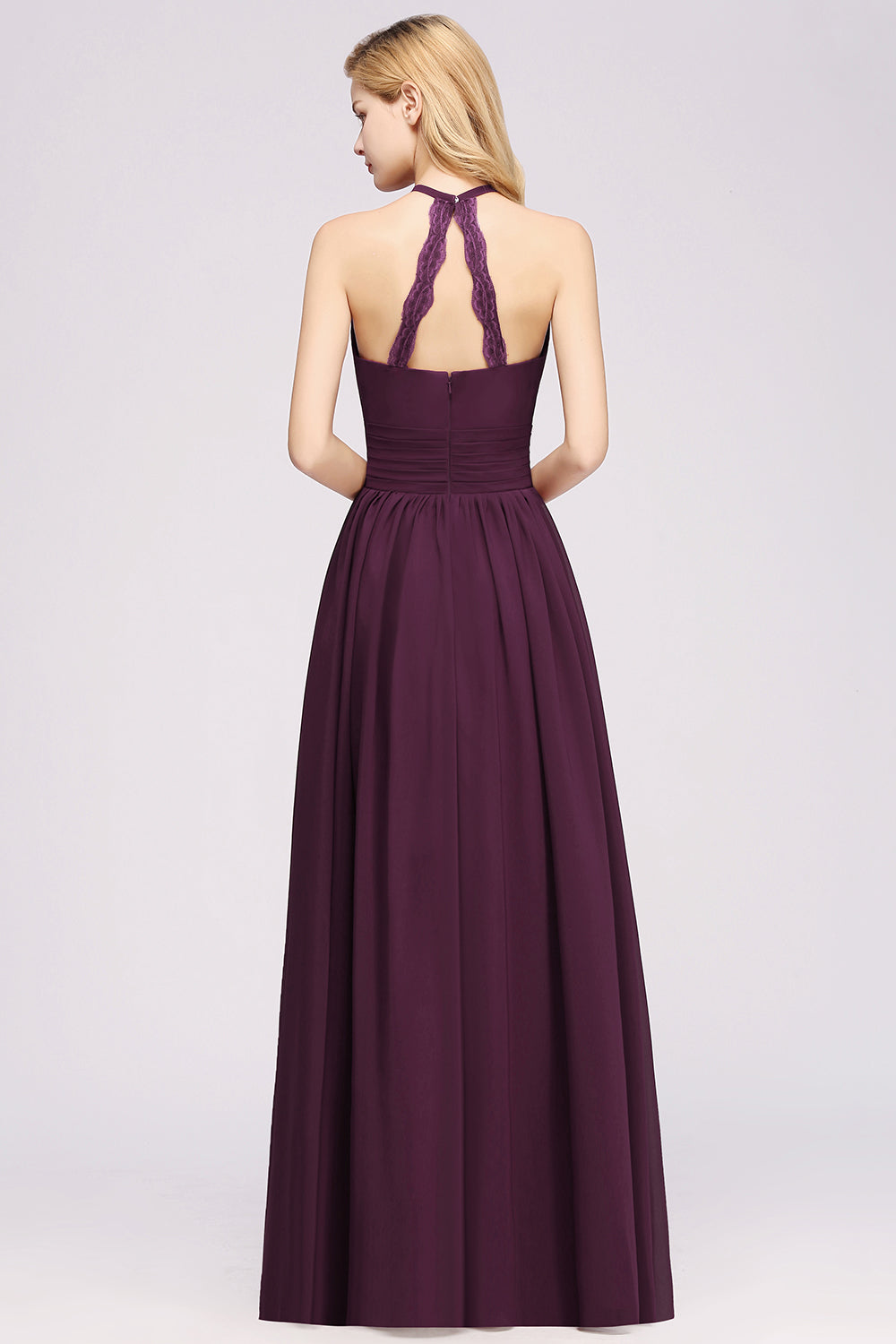 Elegant High-Neck Halter Long Affordable Bridesmaid Dresses with Ruffles-27dress