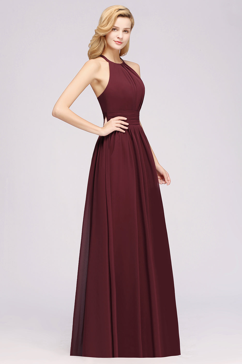 Elegant High-Neck Halter Long Affordable Bridesmaid Dresses with Ruffles-27dress