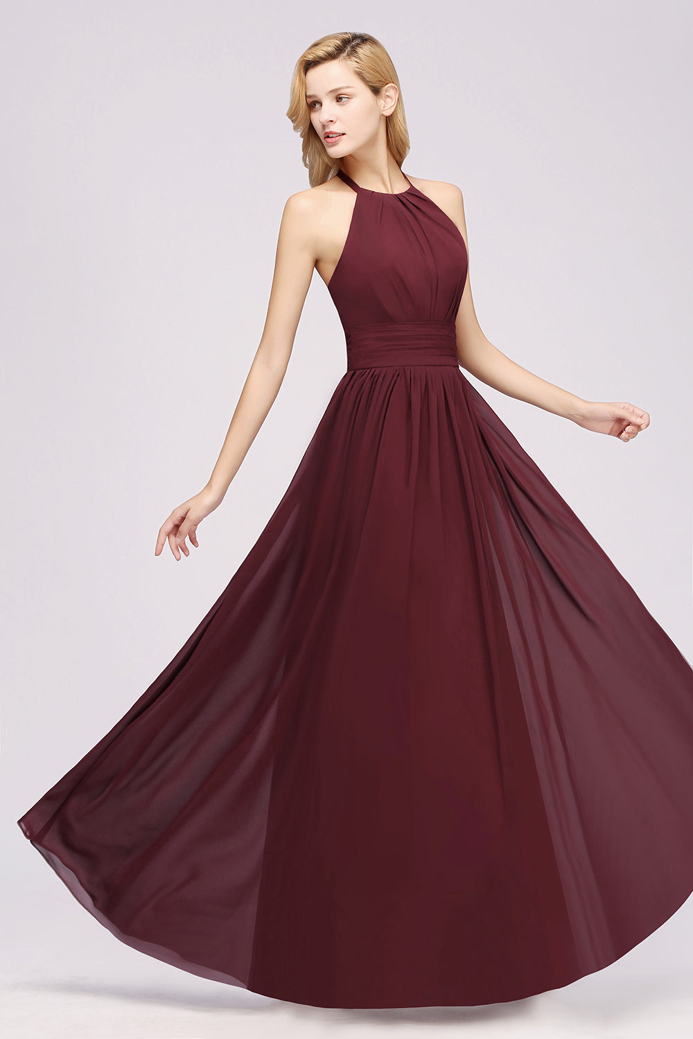 Elegant High-Neck Halter Long Affordable Bridesmaid Dresses with Ruffles-27dress
