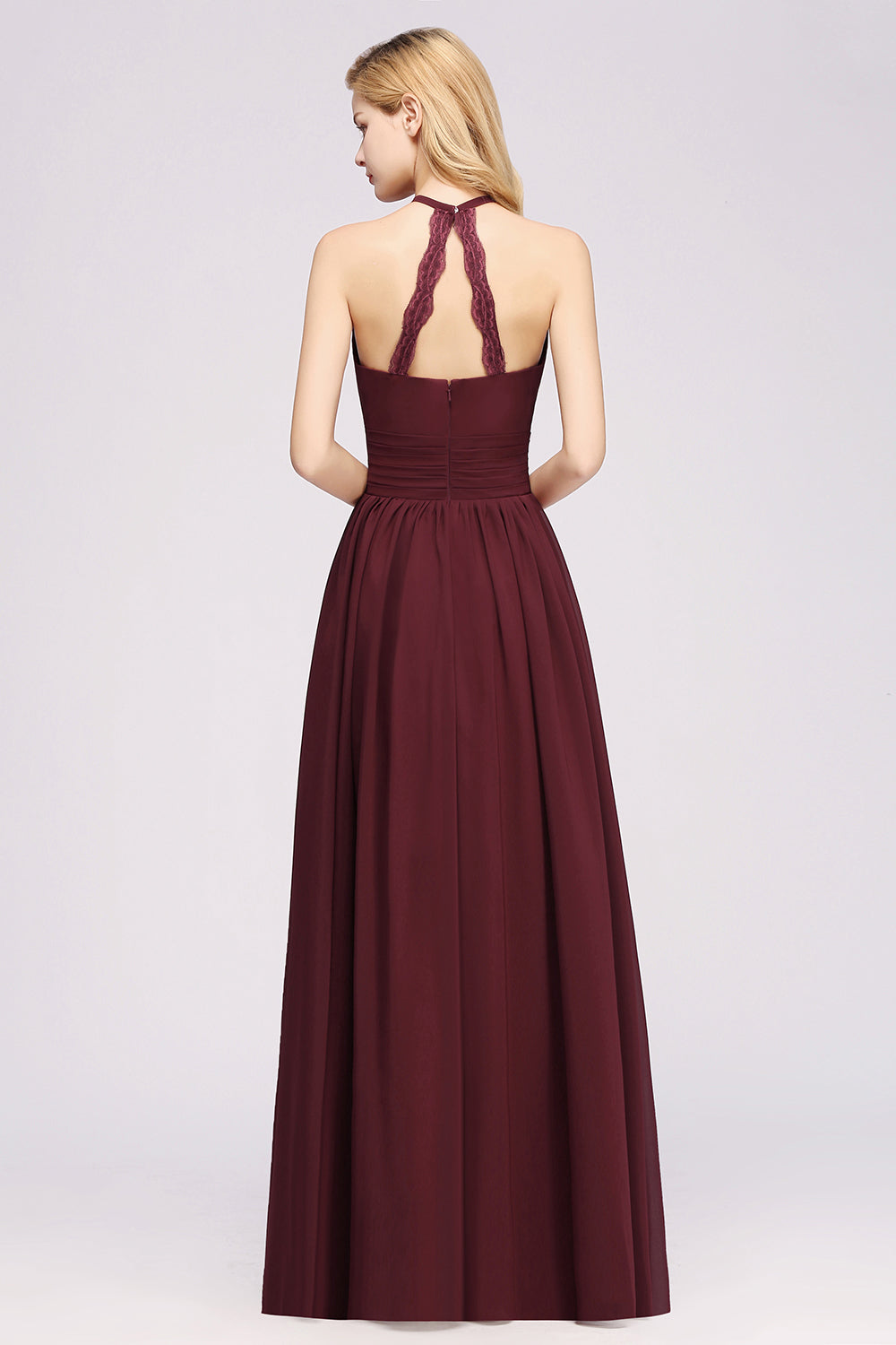 Elegant High-Neck Halter Long Affordable Bridesmaid Dresses with Ruffles-27dress