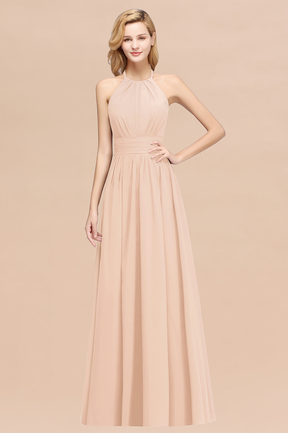 Elegant High-Neck Halter Long Affordable Bridesmaid Dresses with Ruffles-27dress
