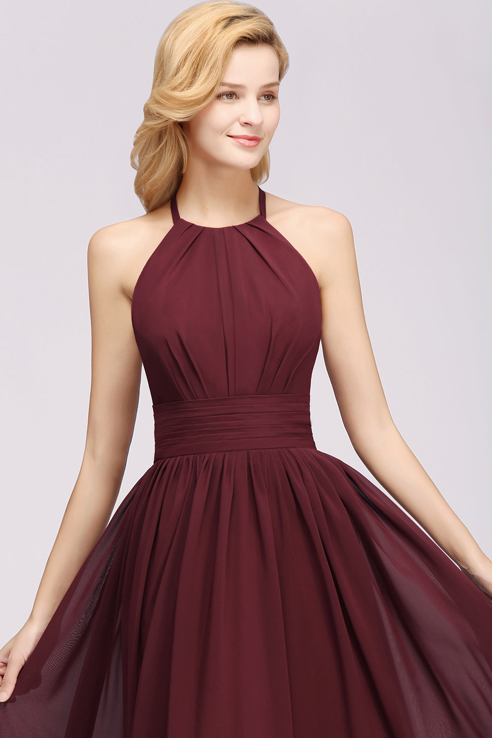 Elegant High-Neck Halter Long Affordable Bridesmaid Dresses with Ruffles-27dress