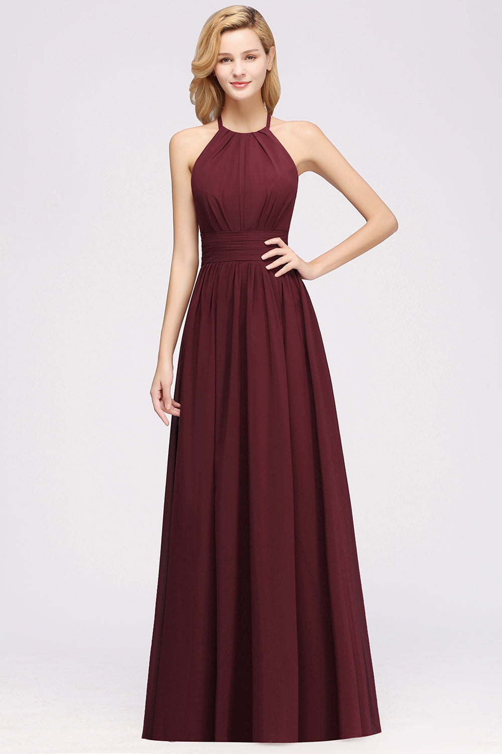 Elegant High-Neck Halter Long Affordable Bridesmaid Dresses with Ruffles-27dress