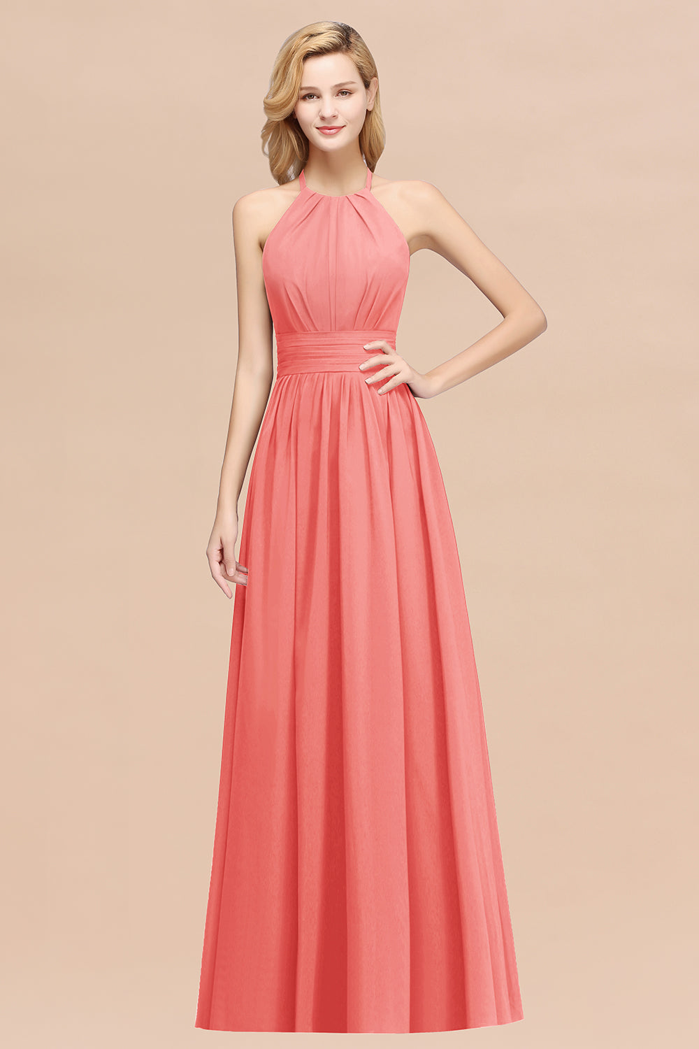 Elegant High-Neck Halter Long Affordable Bridesmaid Dresses with Ruffles-27dress