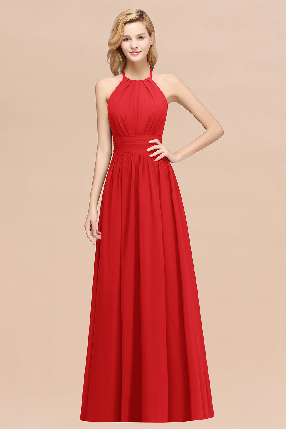 Elegant High-Neck Halter Long Affordable Bridesmaid Dresses with Ruffles-27dress
