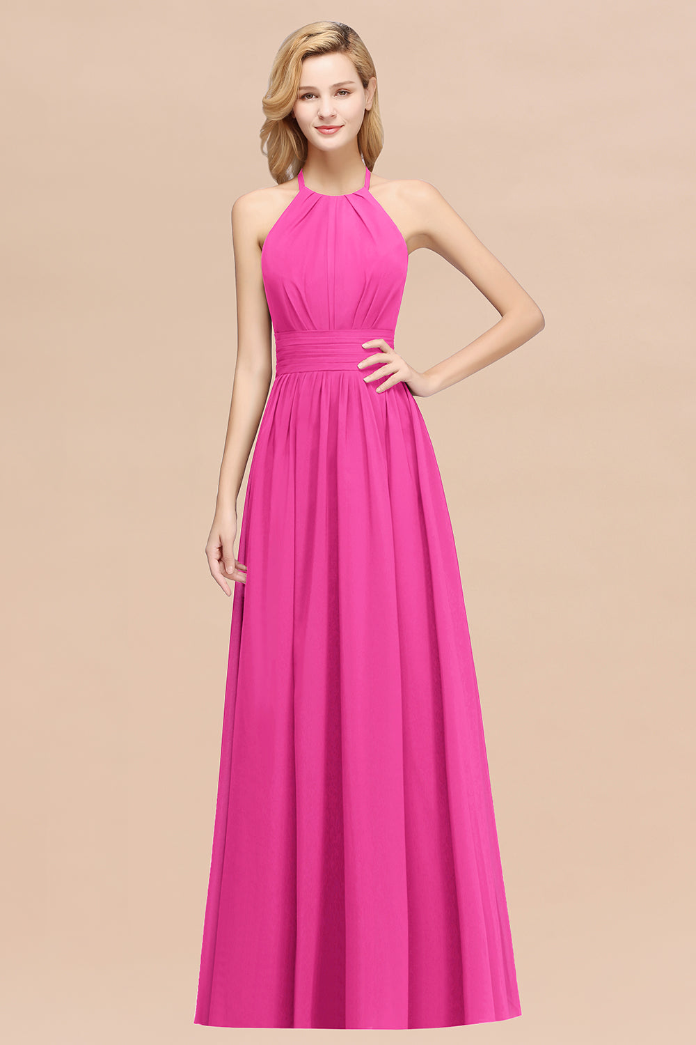 Elegant High-Neck Halter Long Affordable Bridesmaid Dresses with Ruffles-27dress