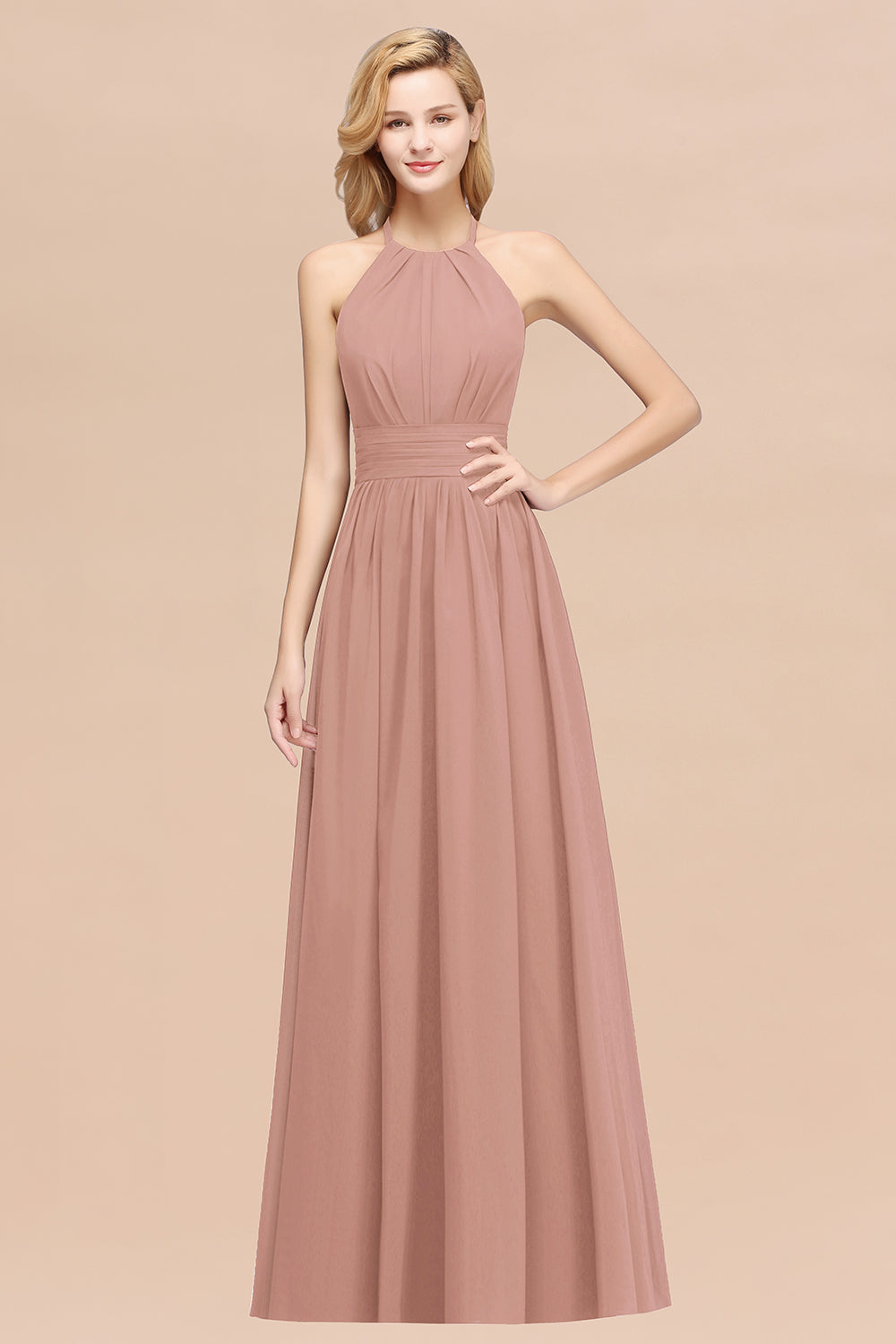 Elegant High-Neck Halter Long Affordable Bridesmaid Dresses with Ruffles-27dress