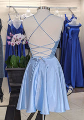 27Dress light blue satin Homecoming Dress with Pleats featuring crisscross lace up open back