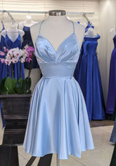 27Dress light blue satin Homecoming Dress with Pleats spaghetti straps V neck fitted waist short skirt