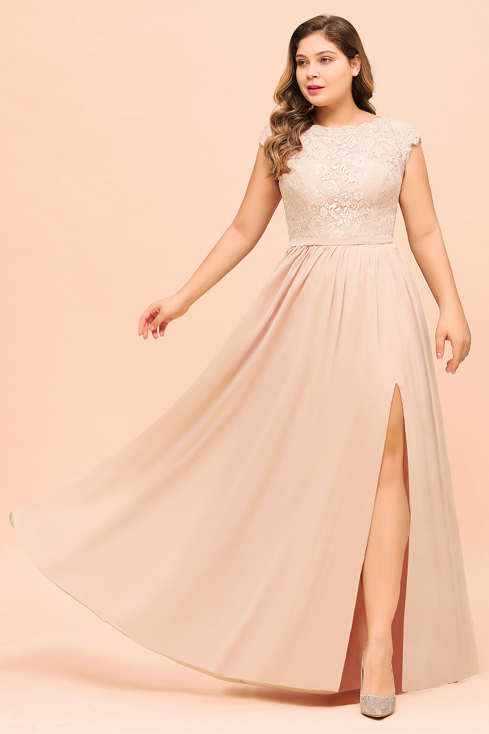 Elegant Jewel Chiffon Lace Affordable Bridesmaid Dresses with Slit-27dress