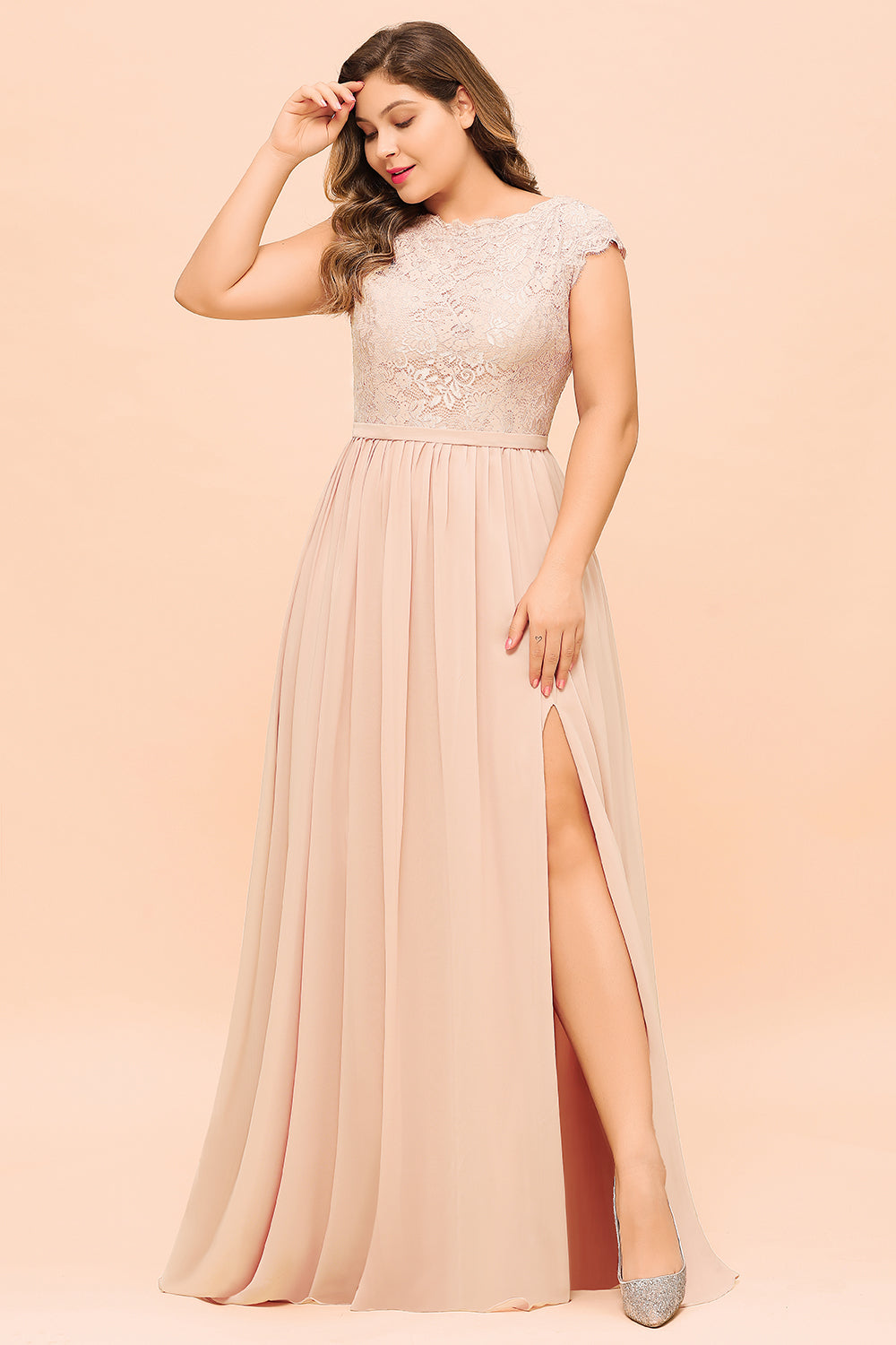 Elegant Jewel Chiffon Lace Affordable Bridesmaid Dresses with Slit-27dress