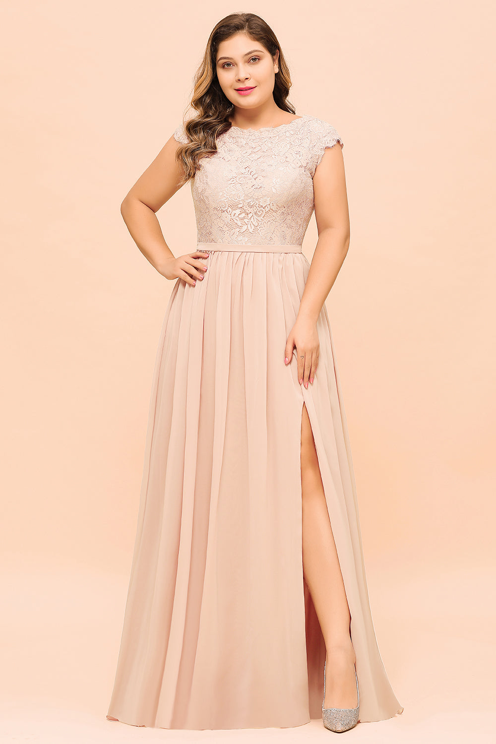 Elegant Jewel Chiffon Lace Affordable Bridesmaid Dresses with Slit-27dress
