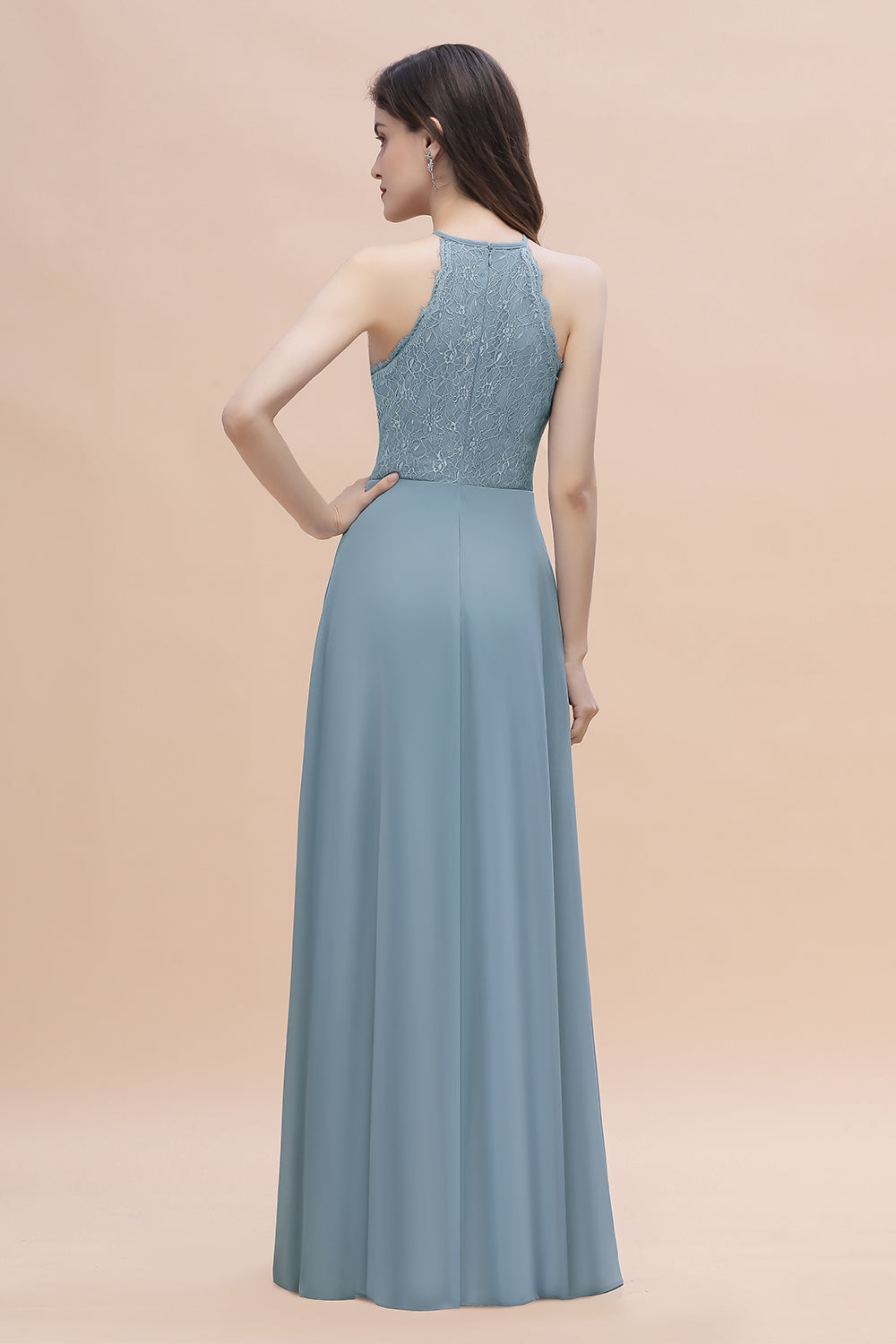 Elegant Jewel Lace Appliques Dusty Blue Chiffon Bridesmaid Dress On Sale-27dress