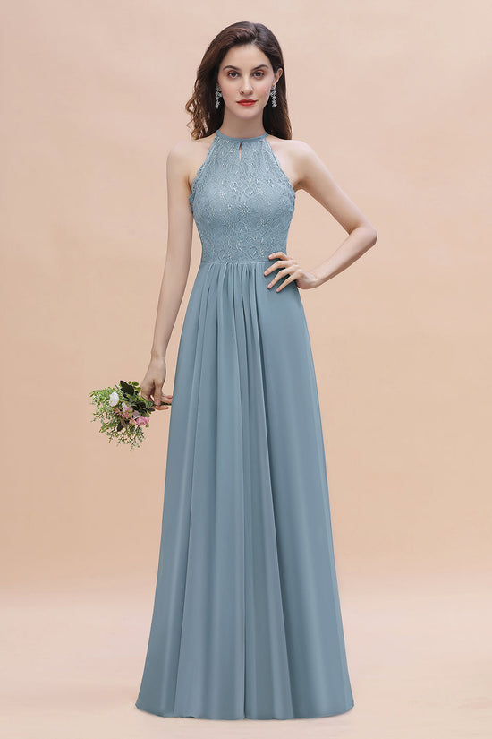 Elegant Jewel Lace Appliques Dusty Blue Chiffon Bridesmaid Dress On Sale-27dress