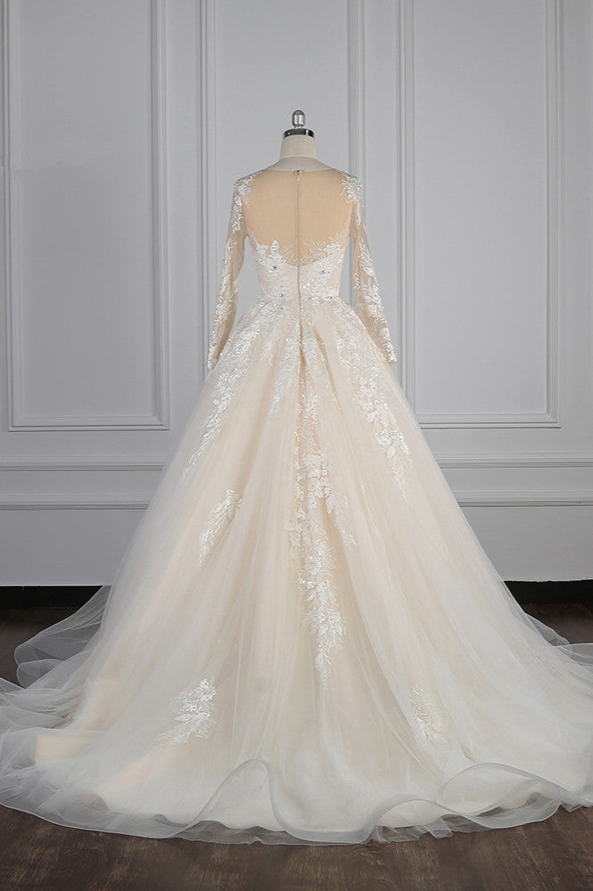 Elegant Jewel Long Sleeves Wedding Dress Tulle Appliques Ruffles Bridal Gowns with Beadings Online-27dress