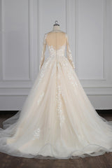 Elegant Jewel Long Sleeves Wedding Dress Tulle Appliques Ruffles Bridal Gowns with Beadings Online-27dress