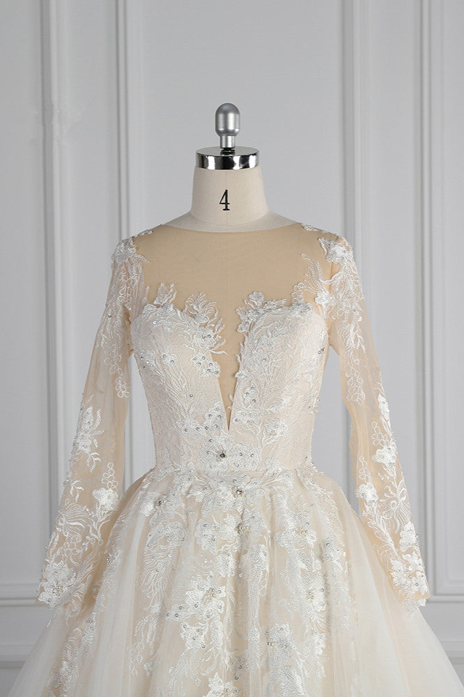 Elegant Jewel Long Sleeves Wedding Dress Tulle Appliques Ruffles Bridal Gowns with Beadings Online-27dress