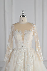 Elegant Jewel Long Sleeves Wedding Dress Tulle Appliques Ruffles Bridal Gowns with Beadings Online-27dress