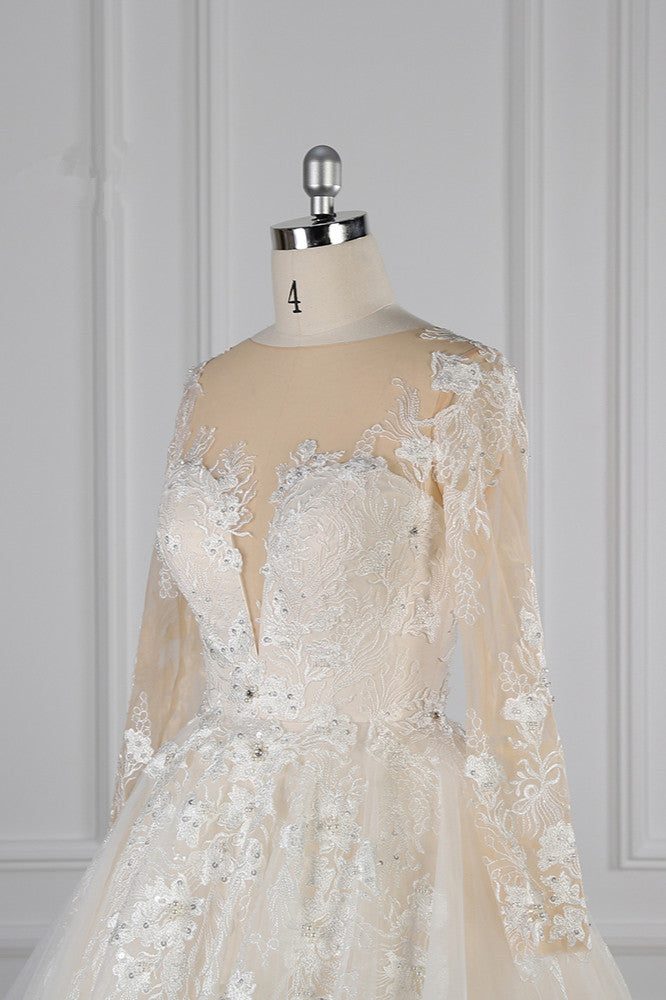 Elegant Jewel Long Sleeves Wedding Dress Tulle Appliques Ruffles Bridal Gowns with Beadings Online-27dress