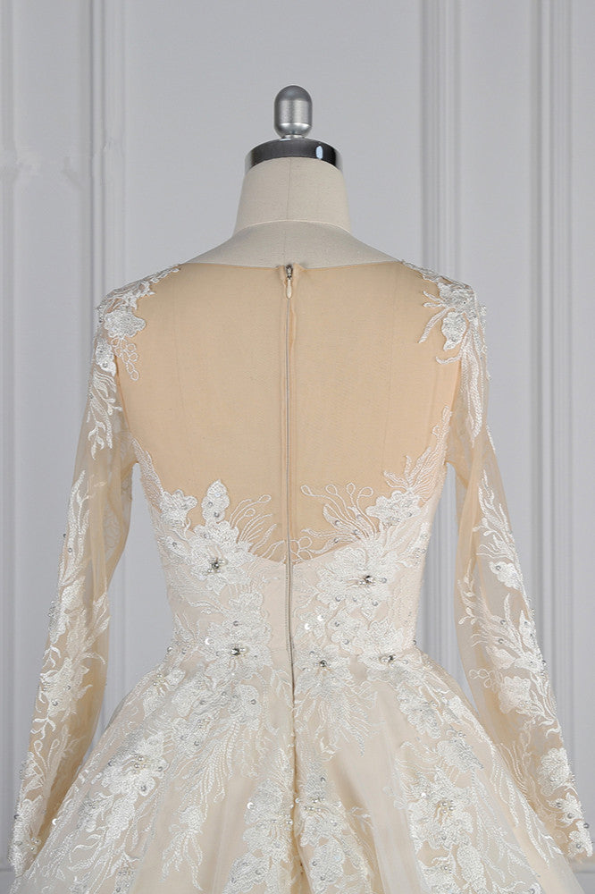 Elegant Jewel Long Sleeves Wedding Dress Tulle Appliques Ruffles Bridal Gowns with Beadings Online-27dress